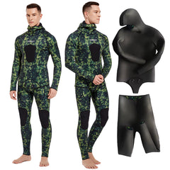 3mm/5mm Spearfishing Wetsuit Camouflage Open Cell Neoprene Free Diving Suit 2-Piece Fullsuit Mens Hooded Snorkeling Suits