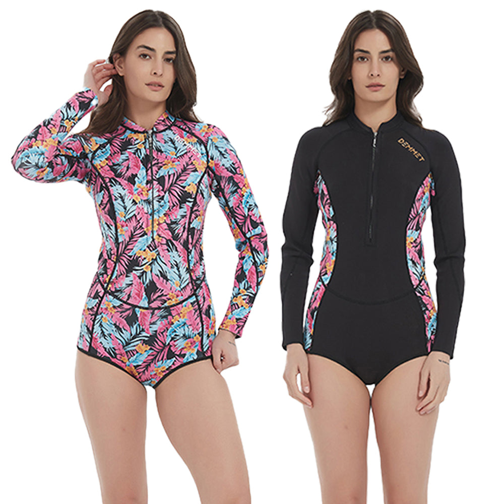 Women's Camouflage Bikini Wetsuit 1.5mm/3mm Long Sleeve One Piece Swimsuit with Front Zipper, Pink Printed Diving Suit for Swimming Snorkeling Water Sports