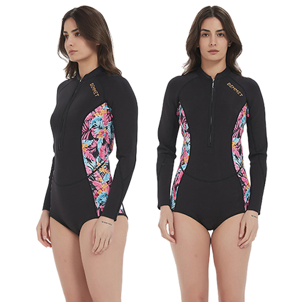 Women's Camouflage Bikini Wetsuit 1.5mm/3mm Long Sleeve One Piece Swimsuit with Front Zipper, Pink Printed Diving Suit for Swimming Snorkeling Water Sports