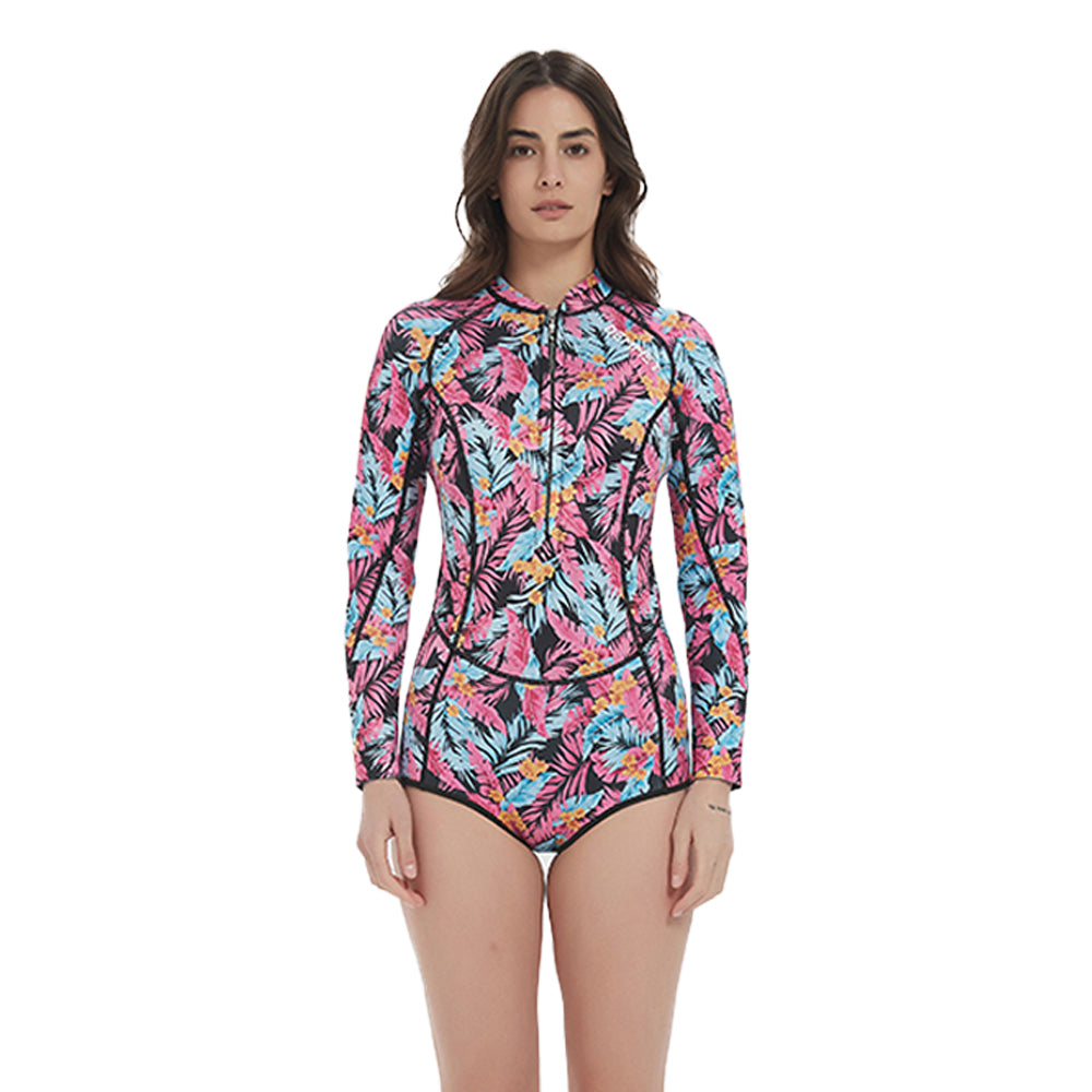 Women's Camouflage Bikini Wetsuit 1.5mm/3mm Long Sleeve One Piece Swimsuit with Front Zipper, Pink Printed Diving Suit for Swimming Snorkeling Water Sports