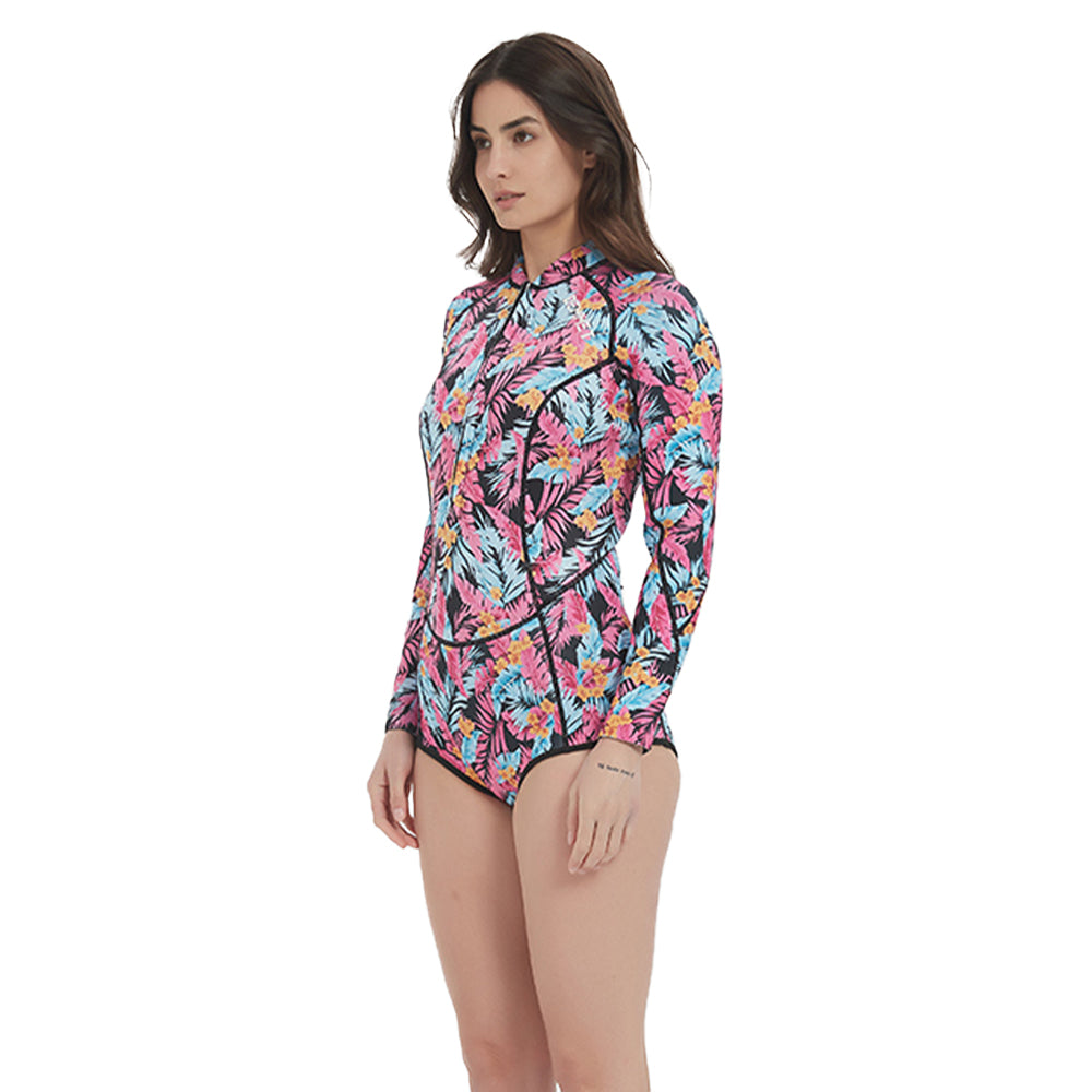Women's Camouflage Bikini Wetsuit 1.5mm/3mm Long Sleeve One Piece Swimsuit with Front Zipper, Pink Printed Diving Suit for Swimming Snorkeling Water Sports