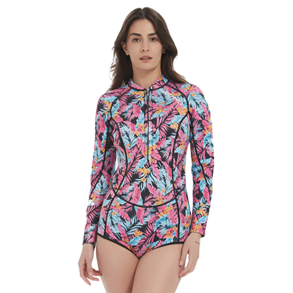 Women's Camouflage Bikini Wetsuit 1.5mm/3mm Long Sleeve One Piece Swimsuit with Front Zipper, Pink Printed Diving Suit for Swimming Snorkeling Water Sports